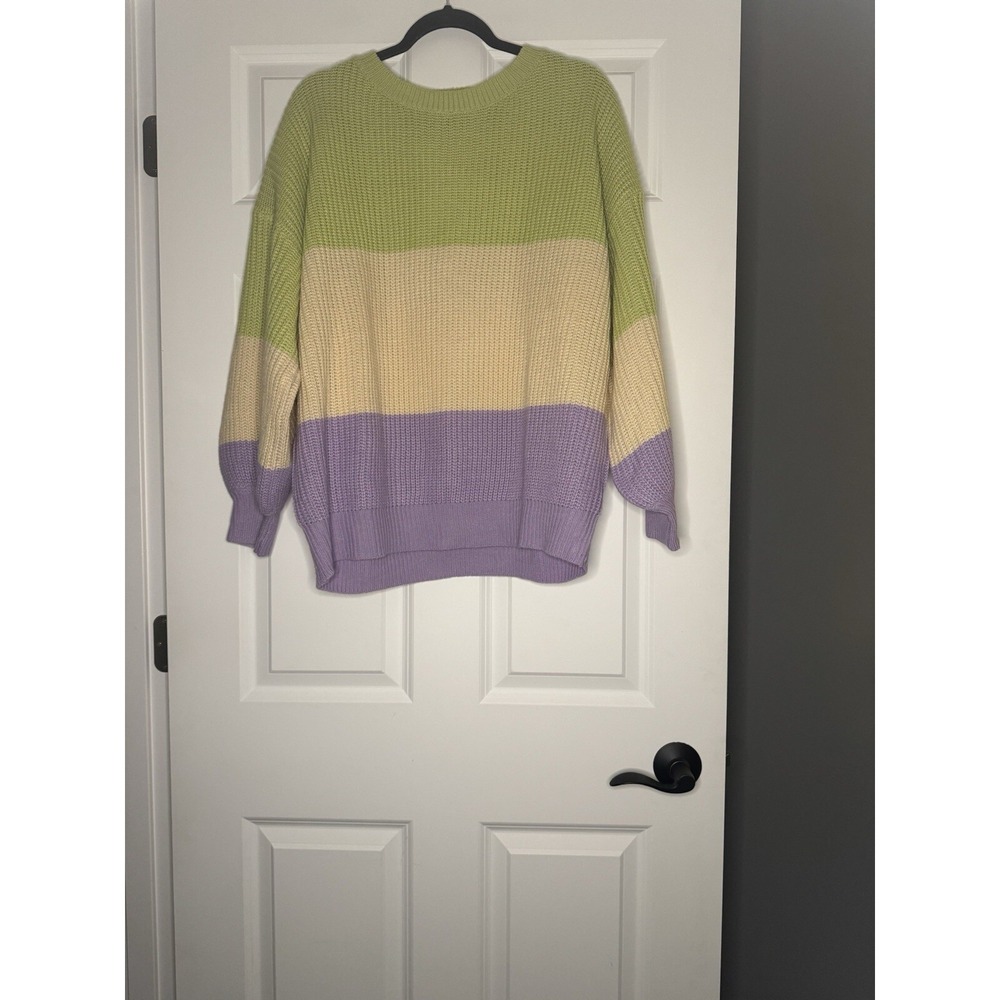 Vine And Love Color Block Crew Neck Knit Sweater Green Beige Purple Large